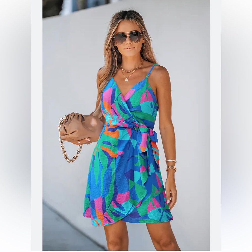 Cupshe Blue Green Pink Tropical Print Mini Wrap Dress